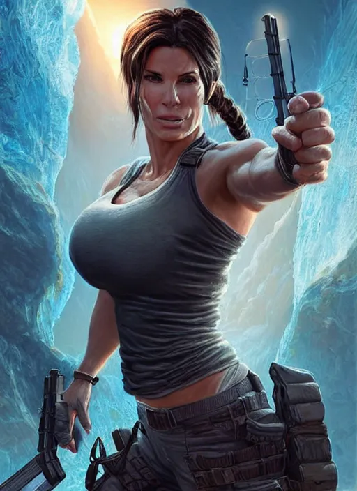 Image similar to muscled Sandra Bullock as Lara Croft as a ruggedly handsome heroine looking directly into the camera, jumping off a glowing artifact lodged in shallow blue glowing water, intricate, elegant, highly detailed, artstation, concept art, smooth, sharp focus, illustration, bokeh art by artgerm and donato giancola and Joseph Christian Leyendecker, WLOP, fireflies, distant snowstorm and thunder