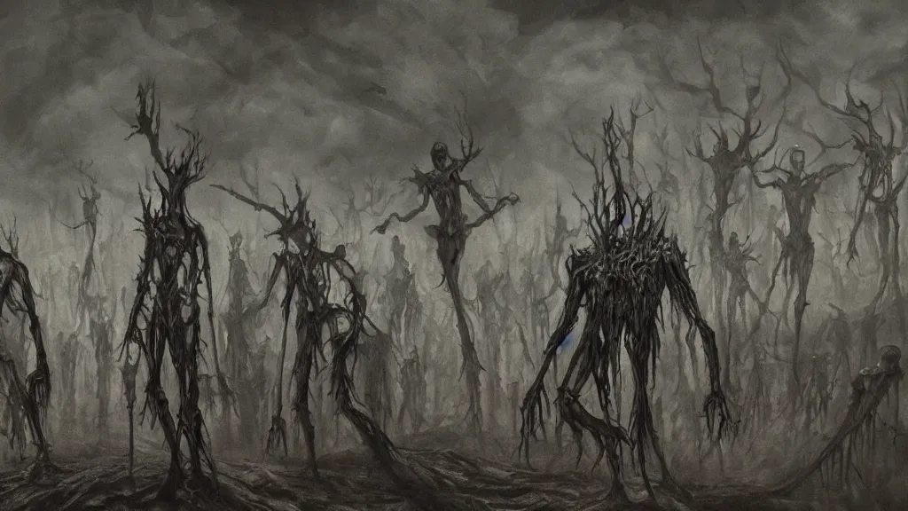 Prompt: dark detailed landscape, chilling overwhelming blood oil painting, brutal fantasy hell of unknown creatures, dreadful and creepy lifeless skinny slendermen