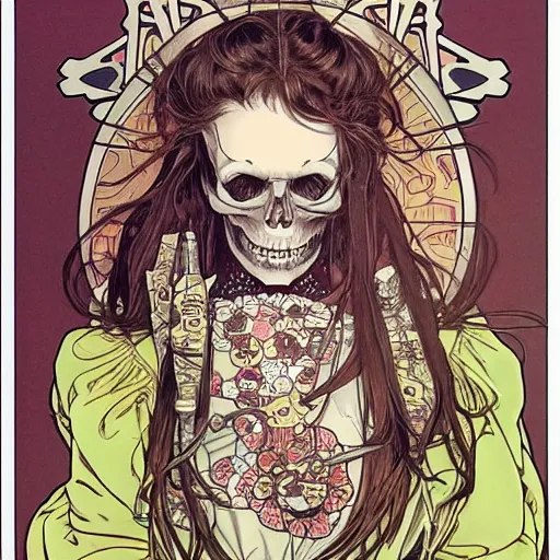 Prompt: manga skull portrait girl female skeleton realism hyperrealistic art Geof Darrow and will cotton alphonse mucha pop art nouveau