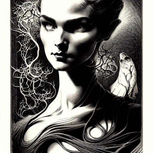 Prompt: portrait soft light, by bernie wrightson and joe fenton, inspired victorian sci - fi, etching, fine, sharp high detail, duotone screen print,