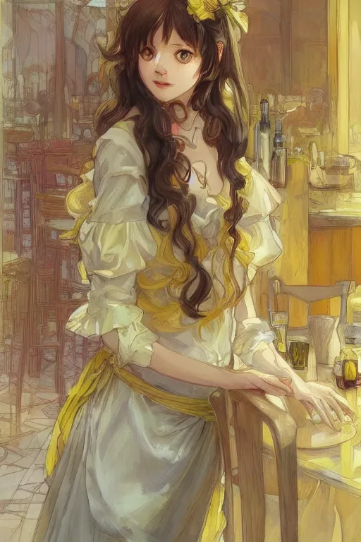 Image similar to A girl in a maid's outfit in a cafe a afternoon, wavy hair yellow theme,S line,45 angel by krenz cushart and mucha and trnyteal and ra-lilium