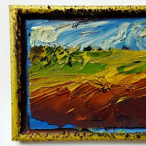 Prompt: oil paint impasto relief, the essence of summer, multi layered small disrupted thick brush marks, some splattered paint, in the style of ivan shishkin and frank auerbach and van gogh