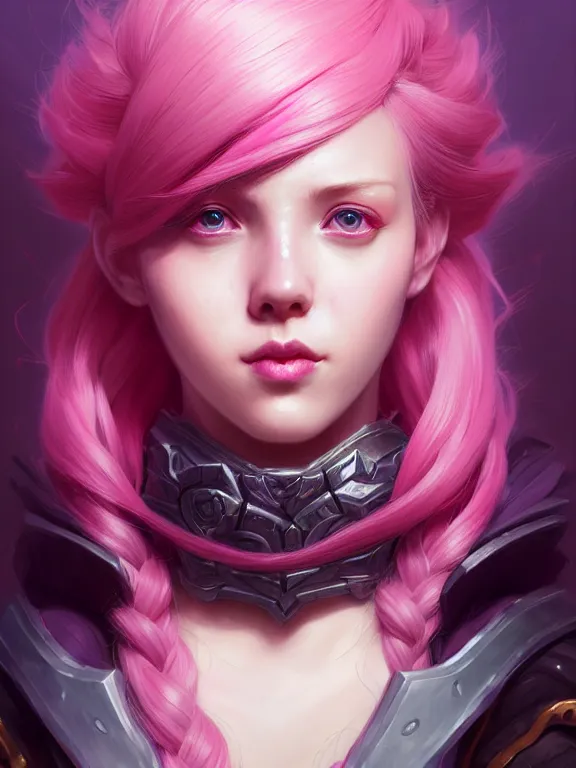 Image similar to a League of Legends FAN ART Portrait of VI, pink hair, intricate, elegant, highly detailed, digital painting, concept art, smooth, sharp focus, illustration, by Laurie Greasley,Lawrence Alma-Tadema,Dan Mumford,artstation,deviantart,Unreal Engine,face enhance,8K,golden ratio,cinematic lighting