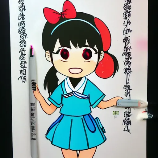 Image similar to a perfect professional sketch of a funny and cute Japanese schoolgirl, by ink pen with a few colored pens, in style of Disney Pixar, CalArts, on high quality paper