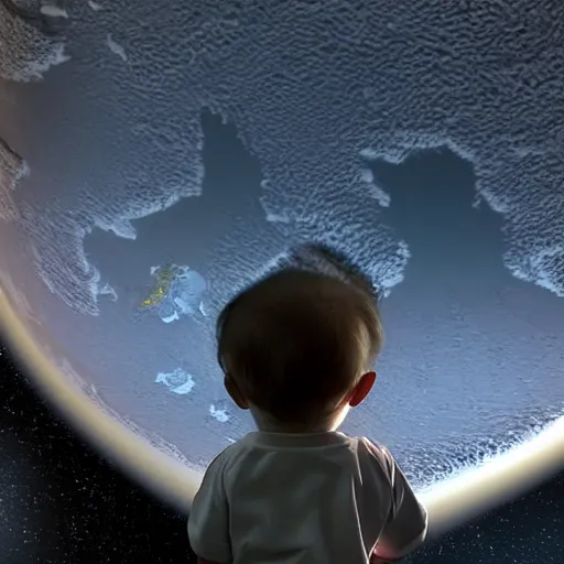 Image similar to baby from 2 0 0 1 looking over the planet looks like stanley kubrick realistic cinematic hdr