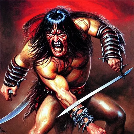 Prompt: “ conan the barbarian ” attacks “ giant black spider with red eyes ”. “ painting by ernie chan and earl norem. ”