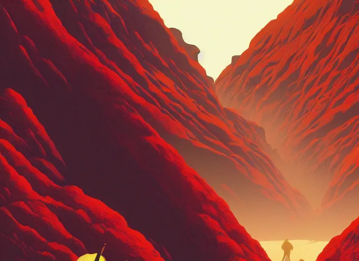 Image similar to an alien hostile volcanic canyon landscape, dynamic shadows, dynamic lighting, ilya kuvshinov, kyoani, hiroaki samura, yoshinari yoh, james jean, katsuhiro otomo, erik jones, cel shaded, anime poster, trending on artstation