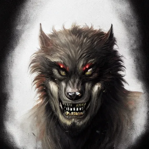 Image similar to werewolf lycanthrope monster makeup grinning grimpunk vile reprobate portrait portrait Wolfman Wolfman Fenrir with tombow odd nerdrum greg rutkowski frank frazetta alexandre briclot Dave Dorman splatterpaint