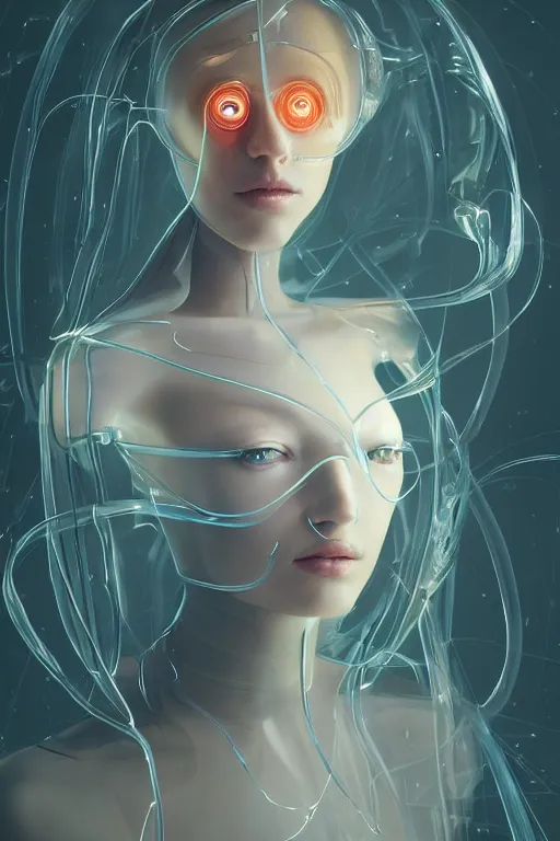 Image similar to a beautiful young woman, a muse of beauty, an android with segmented face and body made of translucent plastic, long flowing cellophane type hair, plastic hood made of glowing material, mechanical internal parts, by Peter Mohrbacher, Jason Felix, furio tedesch, face by ilya kuvshinov, artgerm, cinematic backlit lighting, beauty retouch, symmetric. elite, photo realistic, octane render, hyper real, ultra detailed