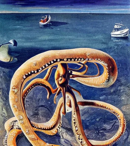 Prompt: a cybernetic realistic Callistoctopus macropus found giving a lecture in a shallow area of the Mediterranean Sea, 9pm in Cap de Creus, oil painting by Salvador Dali