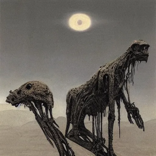 Prompt: an alien animal on a desolate planet, by Beksinski and h.r Giger