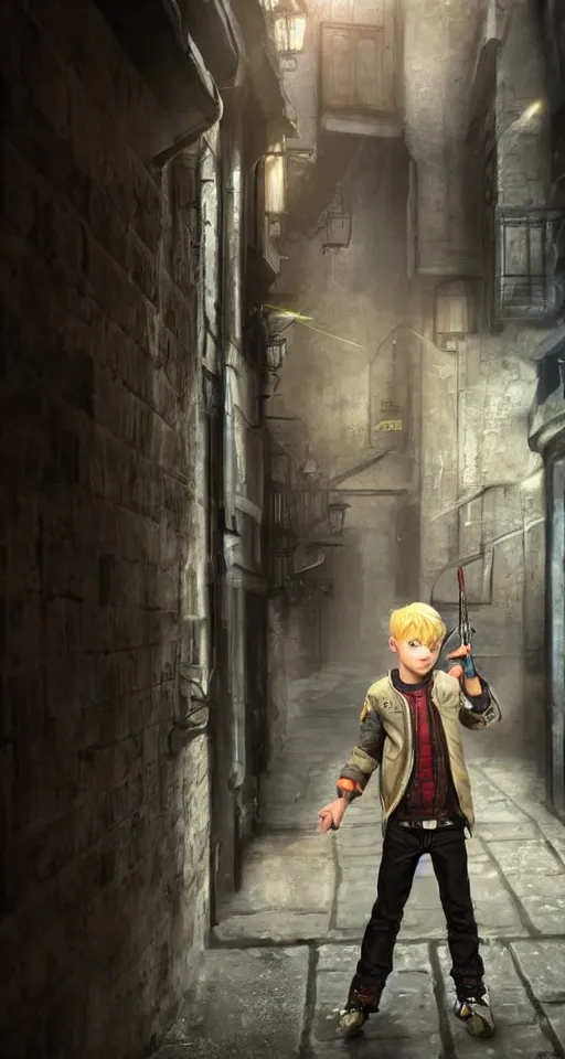 Image similar to A young blonde haired boy wearing thief clothes with daggers in an alleyway, epic fantasy, octane render, high detail, photorealistic, High details,4k