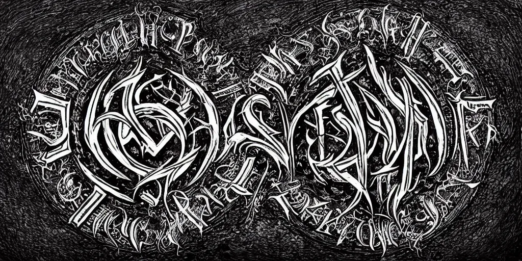 Image similar to masterpiece, intricate black death metal logo calligraphy by thomas bokler, wildan slam art, behance, detailed white letters on black background