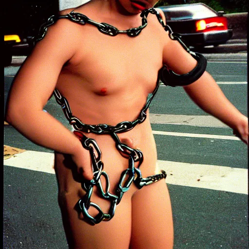 Prompt: 1 9 9 3, disposable camera, flash, suburbia street, cenobites walking, chains, leather, nails