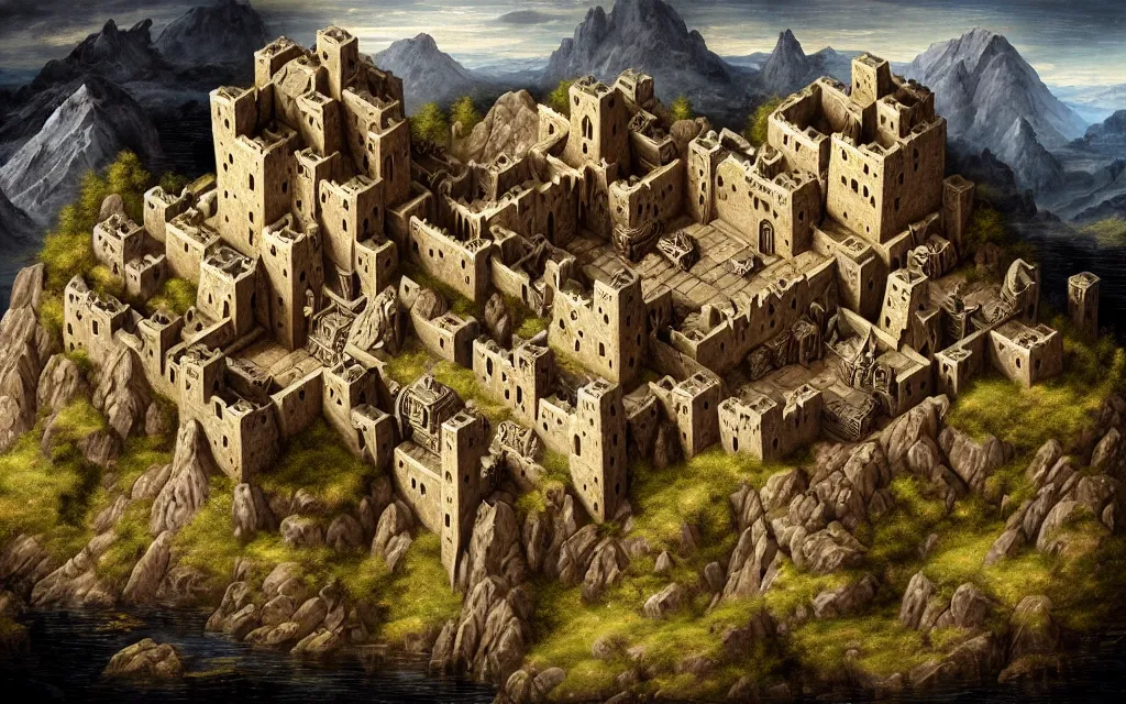 Prompt: aerial view of a dwarven fortress chiseled into the side of a mountain, a baroque oil painting, ominous, epic, medieval fantasy landscape, deep halls, runes, torches, waterwheels, windmills, ornate jewels, trading depots, extremely detailed, sharp focus