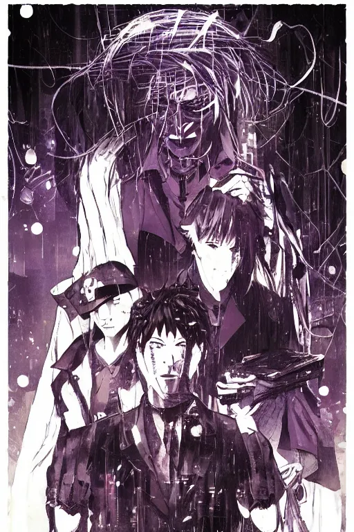 Prompt: professionally drawn seinen mature cyberpunk detective horror action manga comic cover, full color, beautifully drawn coherent professional, drawn by ilya kuvshinov!, satoshi kon, kentaro miura, dave mckean, tsutomu nihei. japanese script kanji hiragana on the cover. minimalist stylized cover art. purple blue vibrant cel shaded