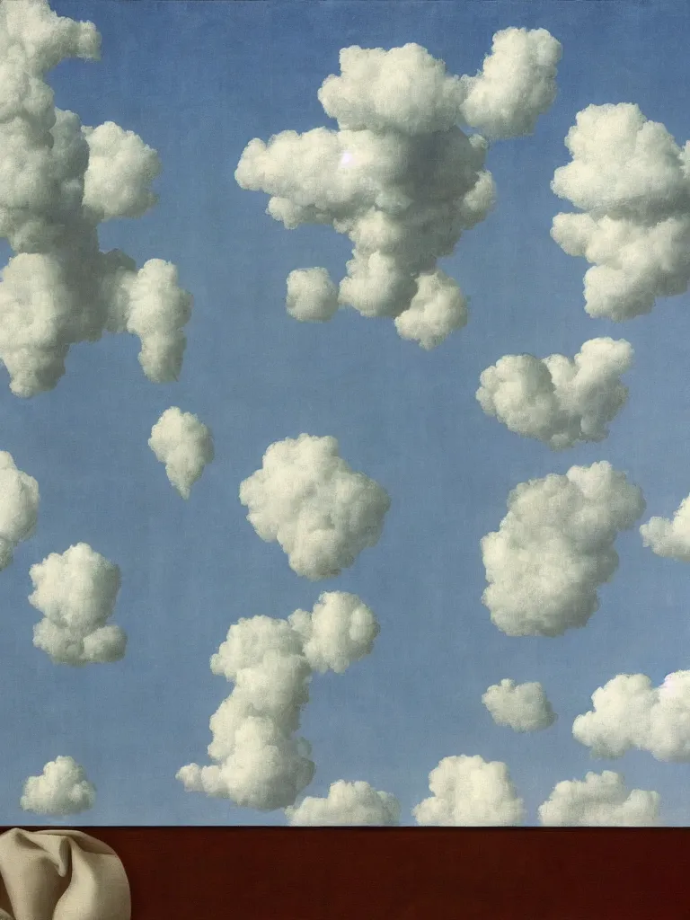 Image similar to curtains are clouds by rene magritte, detailed painting, hd, hq, high resolution, high detail, 4 k, 8 k