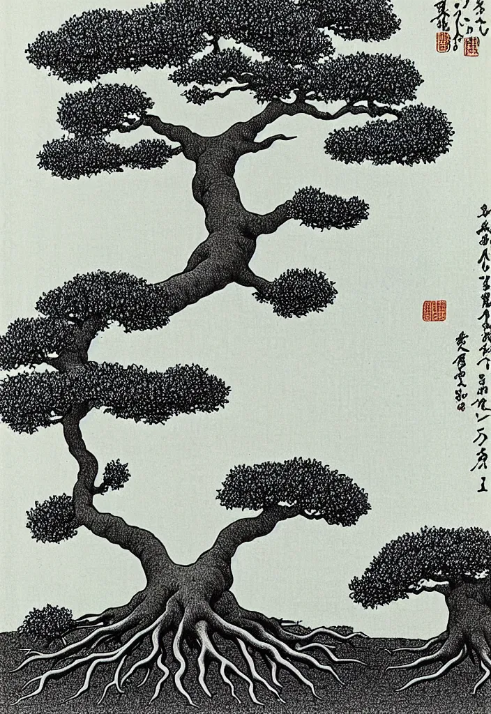 Prompt: prompt: white Bonsai tree roots merging into big moon drawn by Rene Magritte, Japanese woodblock print style, clean ink detailed line drawing, intricate detail, manga 1990