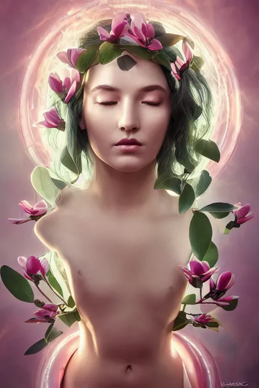 Prompt: a goddess of magnolia a queen of the garden, meditating! with a beautiful symmetrical face!!! cinematic lightning, isolated, studio lighting by ross tran