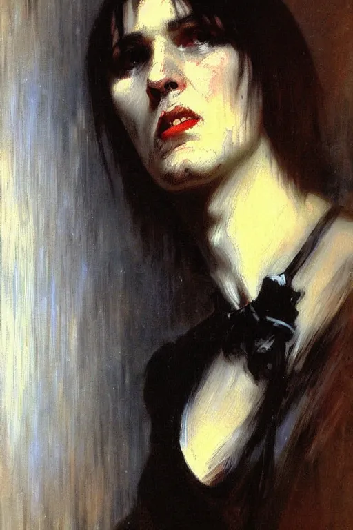 Image similar to impressionist brushstrokes!!!! giger and artgerm and richard schmid and jeremy lipking victorian loose genre loose painting full length portrait painting of a victorian male vampire