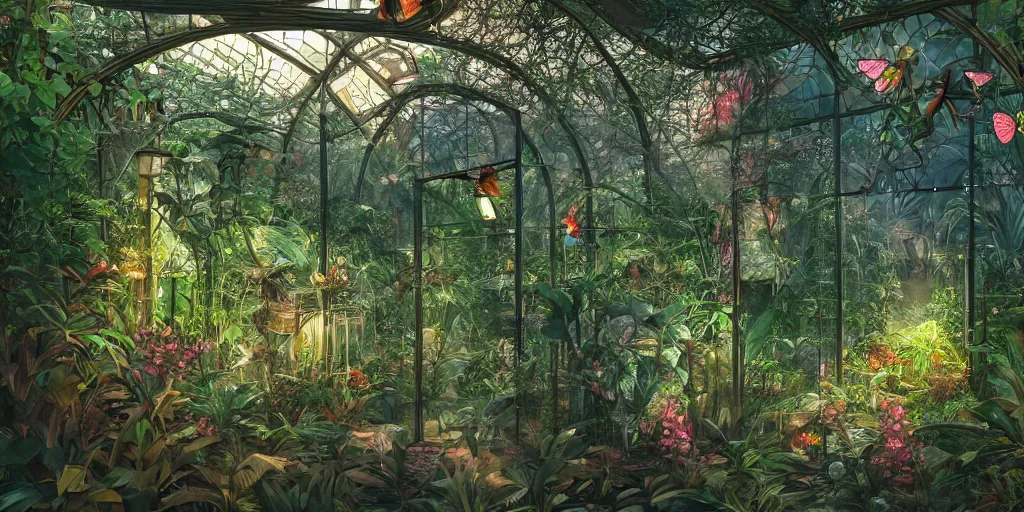 Prompt: secret garden, tropical greenhouse, glass cover, birds and butterflies, fairy tale, evening lights, highly detailed, low angle view, artstation, mysterious, comfort, in the style of aetherpunk