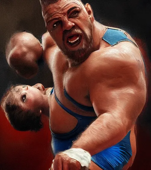 Image similar to high quality high detail painting by alberto mielgo and jaime jones, wrestling, cinematic, hd