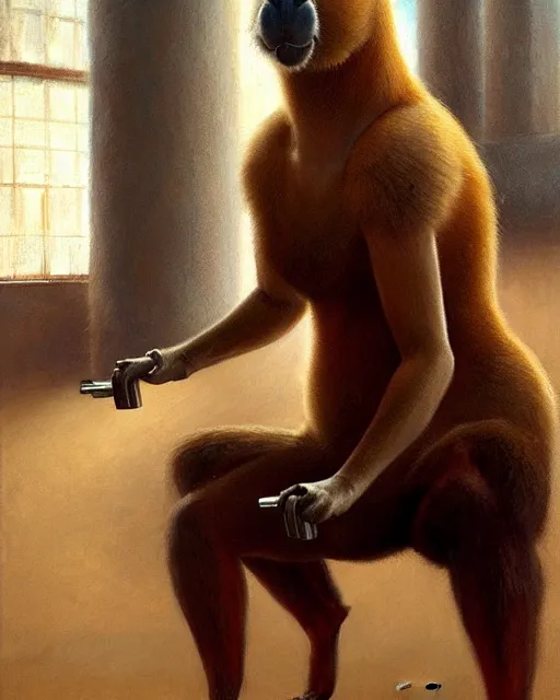 Image similar to beautiful portrait of a muscular female anthro capybara wearing a tanktop exercising in the gym. gymcore, female fursona, furry, furaffinity, 4 k devinatart. very expressive, by gaston bussiere, craig mullins