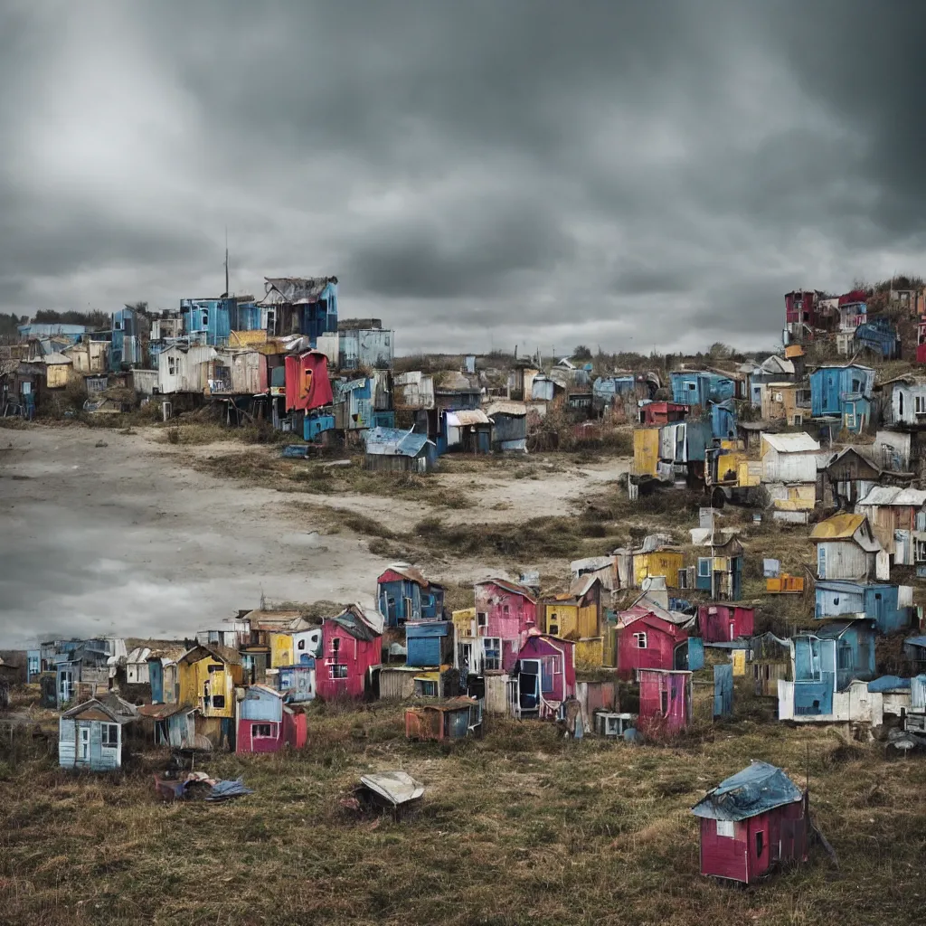 Image similar to towers made up of colourful makeshift squatter shacks, bleached colours, moody cloudy sky, dystopia, mamiya, very detailed, photographed by cristina de middel