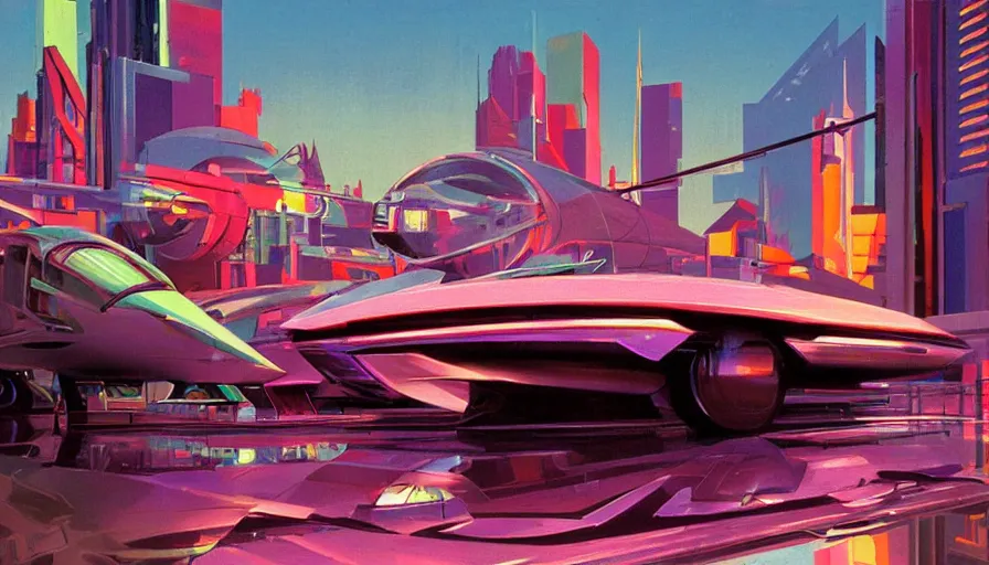 Image similar to Retro futuristic vehicle in a colorful urban landscape, neon lights reflecting in water, sci-fi concept art, by Syd Mead, highly detailed, oil on canvas