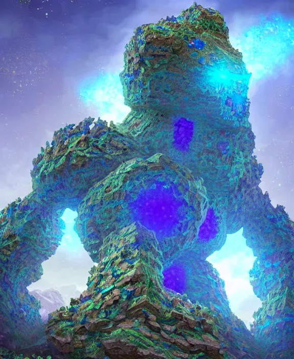 Image similar to concept art of giant fractal bismuth golem consists of bismuth geodes, fractalization, extremely high details, masterpiece, photorealistic, hyperrealism, vray, octane render, volumetric lighting, depth of field, bokeh, artstation, cgsociety by johannen voss, michael whelan, greg broadmore, frank frazetta