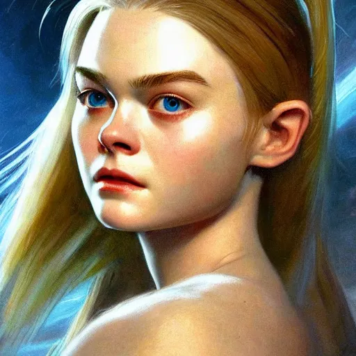 Prompt: ultra realistic portrait painting of elle fanning in halo 2, art by frank frazetta, 4 k, ultra realistic, highly detailed, epic lighting