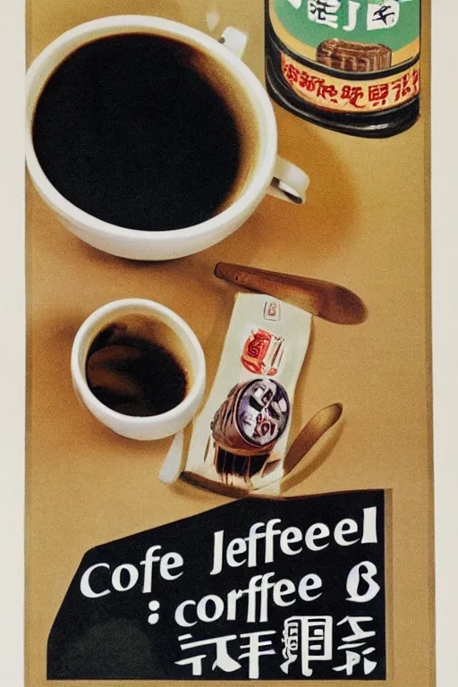 Image similar to coffee advertisment, still life, 1 9 7 0 s japan shouwa advertisement, print, nostalgic