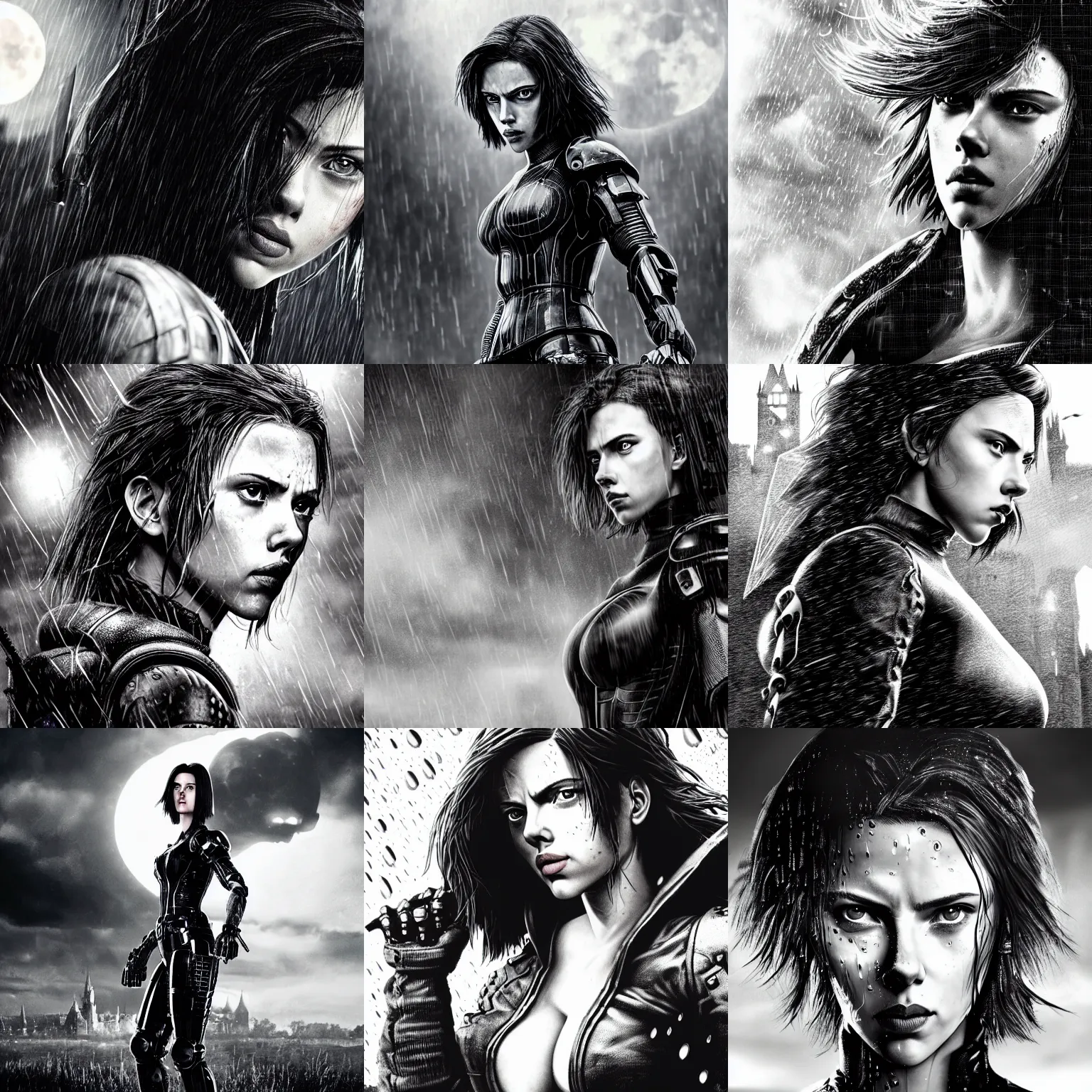 Prompt: angry scarlett johansson, wearing rain soaked armour in heavy rain, incredibly fine detailed portrait, battle angel alita, black and white, dynamic angle, pencil and ink manga, elegant, full body profile, far way wide angle 3 5 mm camera shot, highly detailed, dramatic full moon lighting, gothic castle prodominently in the background, movie cover