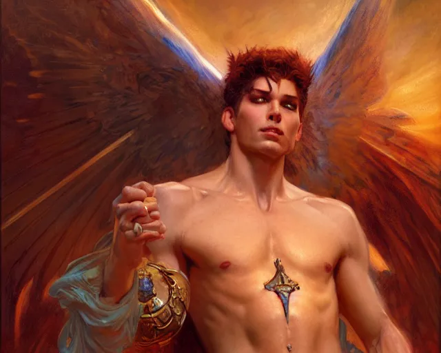 Image similar to attractive pagan male deity, summons handsome lucifer morning star. highly detailed painting by gaston bussiere, craig mullins, j. c. leyendecker 8 k