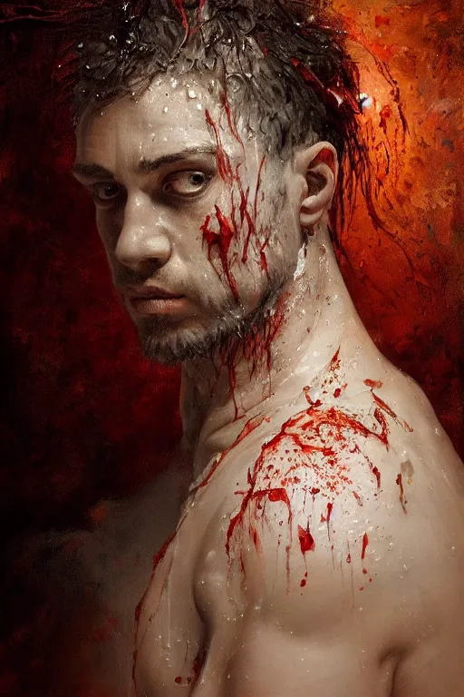 Prompt: breathtaking detailed soft painting of a man in gauze dress, by guillermo lorca, with piercing eyes in bleeding meat and flesh, dynamic pose and movement, in an intricate water splash, rembrandt style, elegant, highly detailed, artstation, concept art, matte, sharp focus,