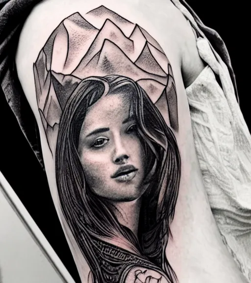 Image similar to tattoo design sketch of a beautiful girl with a faded mountain background, in the style of den yakovlev, black and white, realism tattoo, hyper realistic, highly detailed