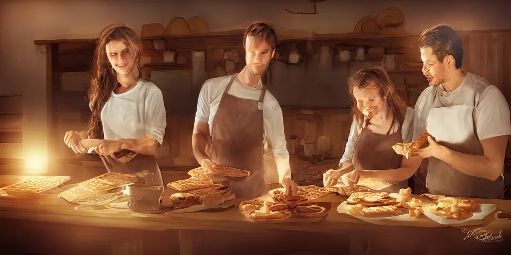 Image similar to A woman and man baking waffles together, digital art, epic lighting