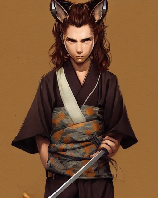 Prompt: An athletic man with fox ears and a katana wearing a kimono, portrait, visualartzi, Japanese, concept art by Karla Ortiz, James Paick, Charlie Bowater, Krenz Cushart, highly detailed, ultra detailed, ultra realistic, trending on artstation, cgstudio