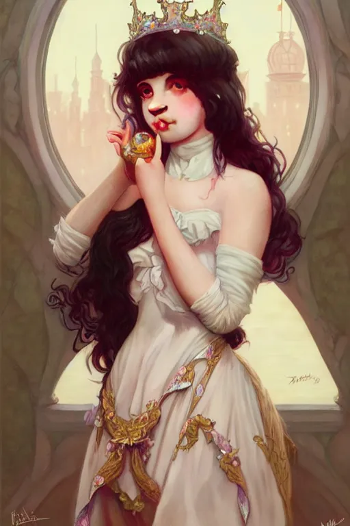 Prompt: Pop Star Melanie Martinez as a princess, fantasy, intricate, elegant, highly detailed, digital painting, artstation, concept art, matte, sharp focus, illustration, art by Artgerm and Greg Rutkowski and Alphonse Mucha