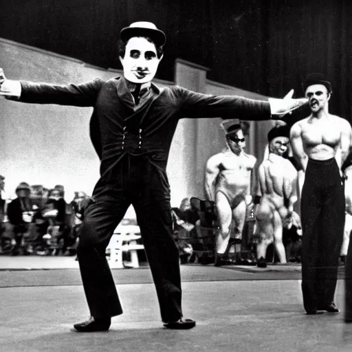 Prompt: A photo of a Charlie Chaplin posing at a bodybuilding contest