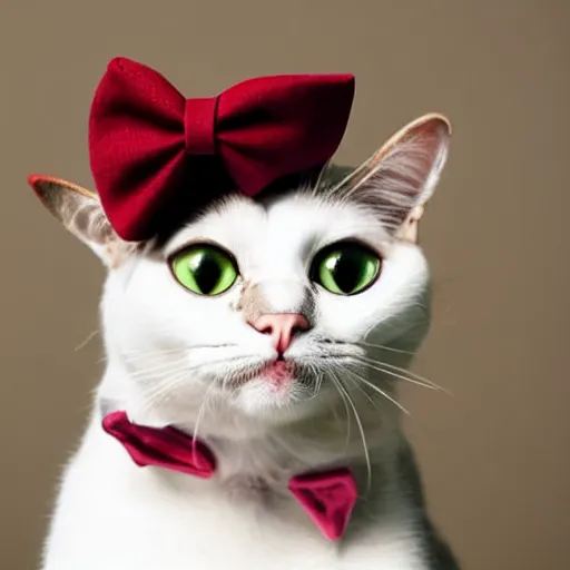 Prompt: A cat wearing a hat and has a miniature bow tie, hyper realistic, HD, HQ, photo realistic