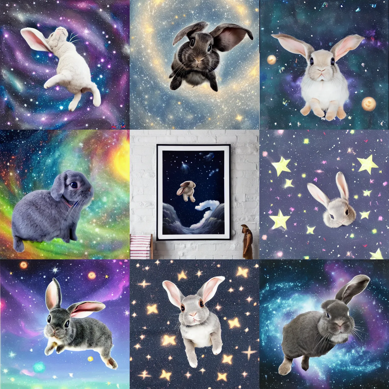 Prompt: dark grey holland lop bunny flying flying in front of a swirling galaxy, shimmering stars, milky way