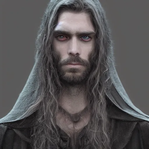 Prompt: a highly detailed portrait of a man with purple eyes, light gray long hair, beardless, no beard, wearing a black cloak, artstation, DeviantArt, professional, octane render