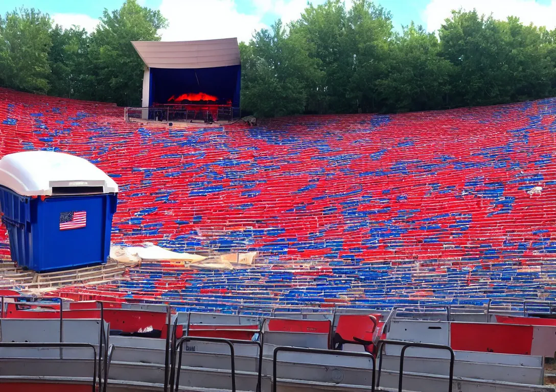 Image similar to Large amphitheater full of people watching a dumpster with a fire inside of it on the stage. Red white and blue themed.