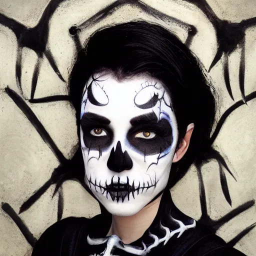 Image similar to a portrait of a scrawny teenage girl with short black hair and black irises. black and white skull facepaint. pointed face. black robes, corset of rib bones, femme-androgynous. surrounded by skeletons. holding a skull. black white and light blue color scheme, oil painting, matte painting, black background, Highly Detailed, Cinematic Lighting, Unreal Engine, 8k, HD, by Beksinski