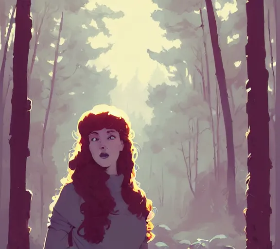 Image similar to portrait woman with long ginger curly hair in the woods, by atey ghailan, by greg rutkowski, by greg tocchini, by james gilleard, by joe fenton, by kaethe butcher, by ashley wood, dynamic lighting, gradient light blue, brown, blonde cream and white color scheme, grunge aesthetic