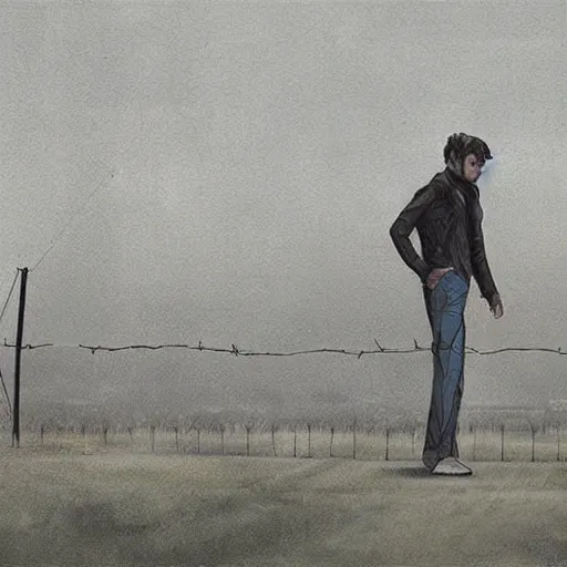 Prompt: a man standing in front of a high wire fence, by emiliano ponzi, dystopian art