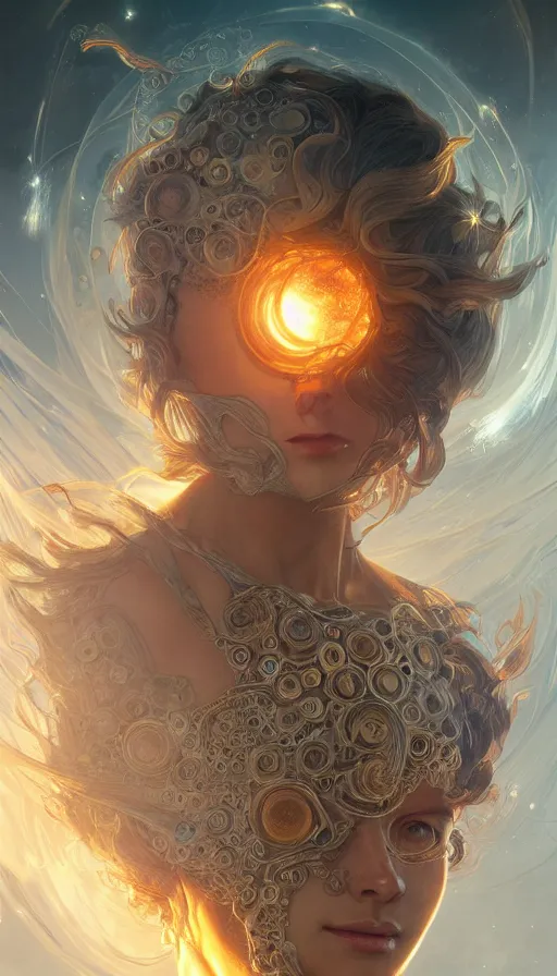 Image similar to supernova, fibonacci, sweaty, insane, intricate, highly detailed, digital painting, artstation, concept art, smooth, sharp focus, illustration, Unreal Engine 5, 8K, art by artgerm and greg rutkowski and alphonse mucha