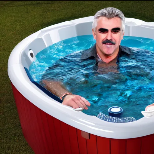 Image similar to Steve Beaton welcomes you into his jacuzzi of temptation. 4k hyper realistic