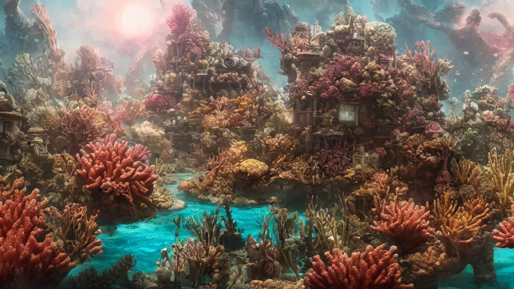 Prompt: an underwater city engulfed in corals, fantasy artwork, very very very beautiful scenery, hd, hdr, ue5, ue6, unreal engine 5, cinematic 4k wallpaper, 8k, ultra detailed, high resolution, artstation, award winning